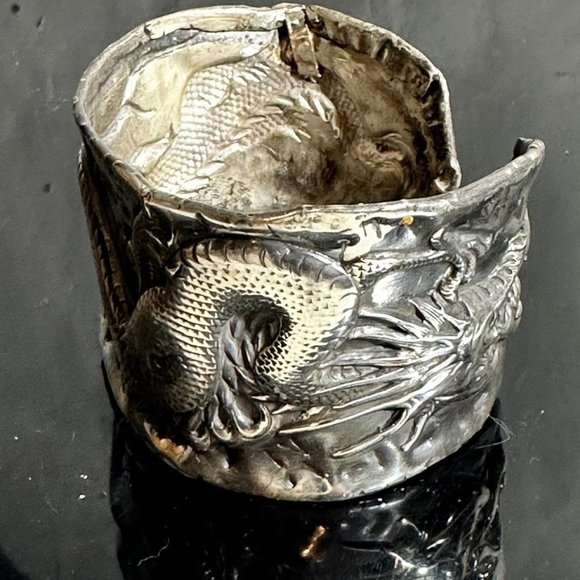 Chinese Four Toed Dragon Wang Hing Sterling Silver Cuff Bracelet Rare Antique - Picture 2 of 10